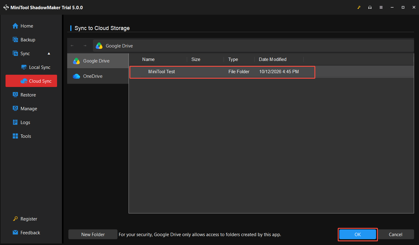 Google Drive destination list showing the newly created folder selected, with the OK button highlighted.