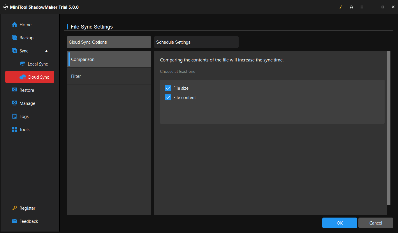 MiniTool ShadowMaker Cloud Sync Settings interface with Comparison highlighted and its options displayed.