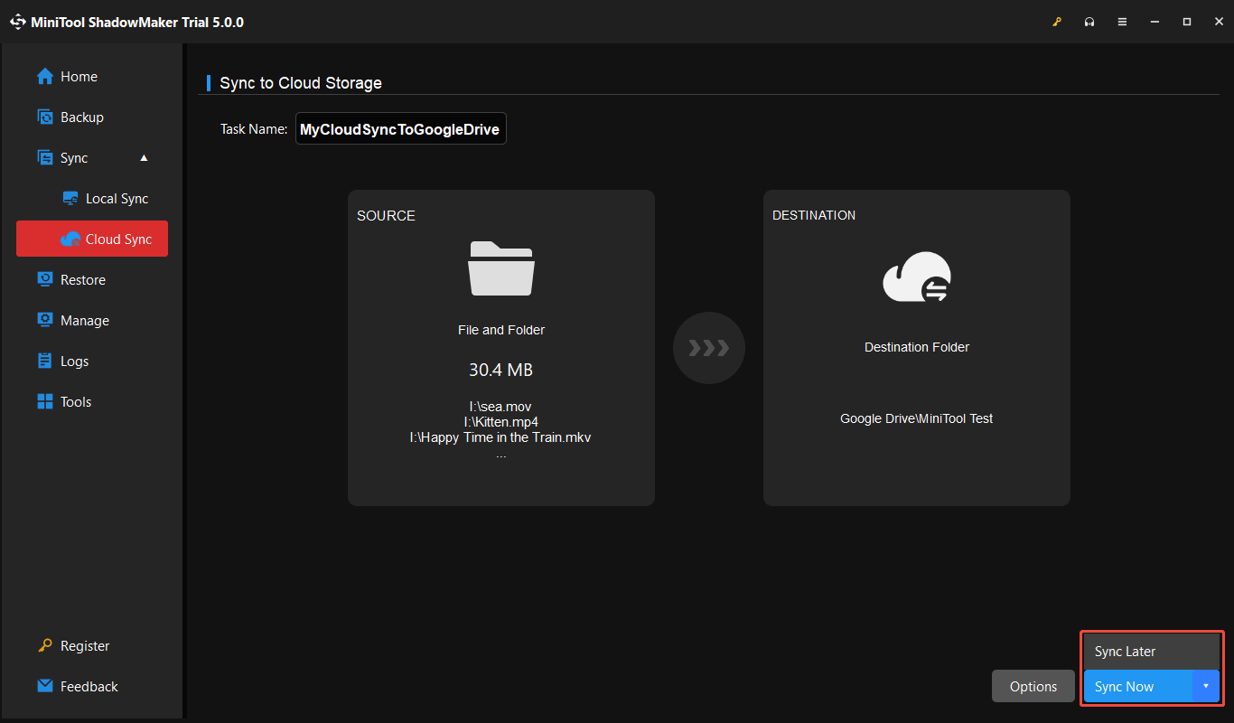 MiniTool ShadowMaker Google Drive Cloud Sync page with the Sync Now and Sync Later options displayed.
