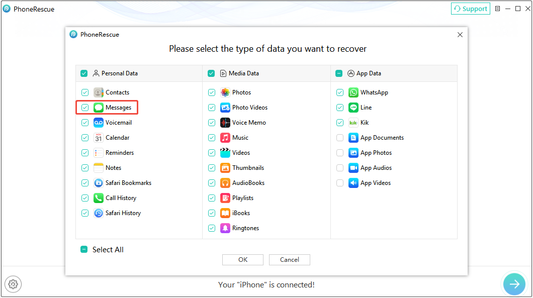 PhoneRescue for iOS interface shows available data types to scan, including Messages.
