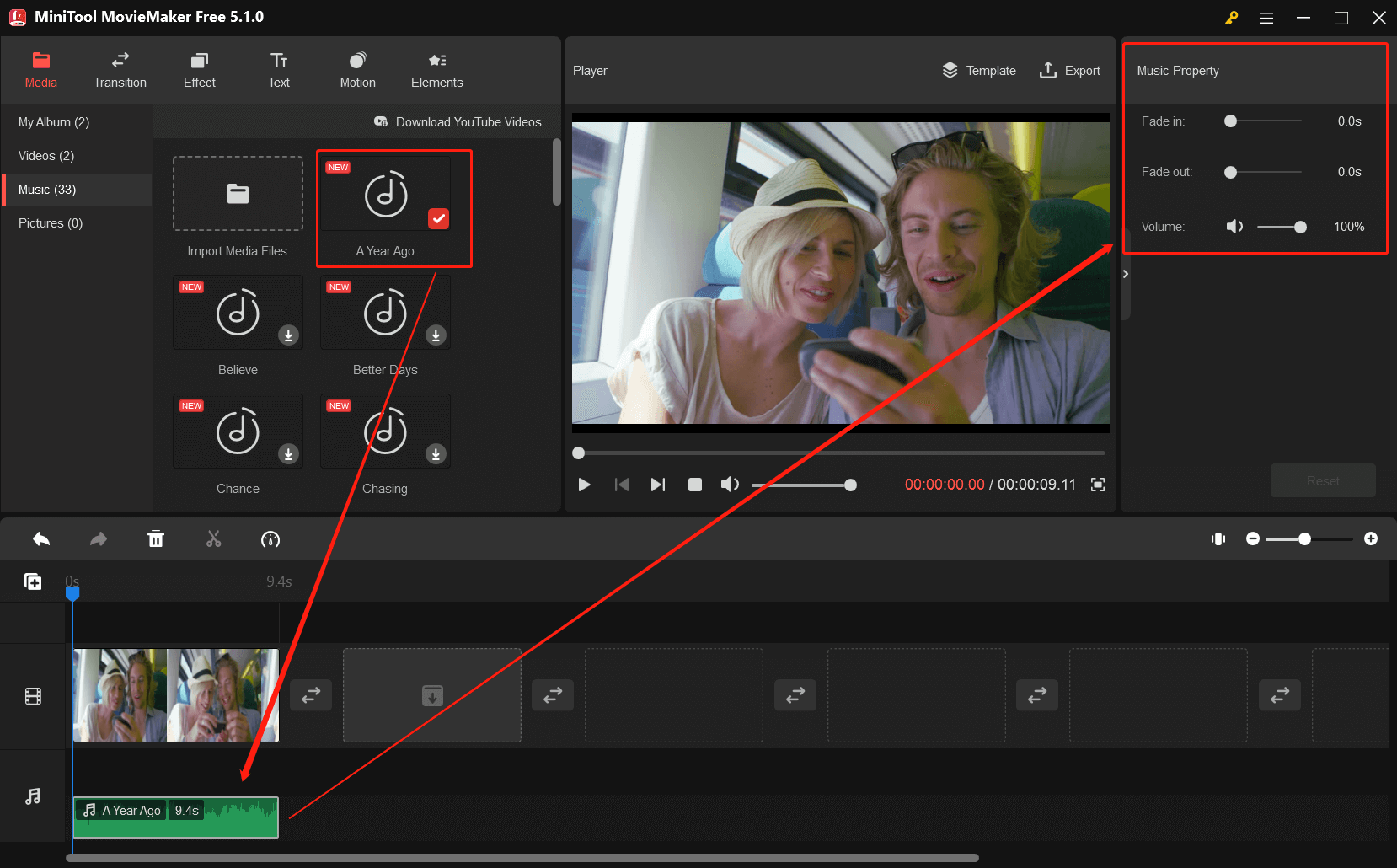 MiniTool MovieMaker UI showing how to add music to a video and where to edit the music.