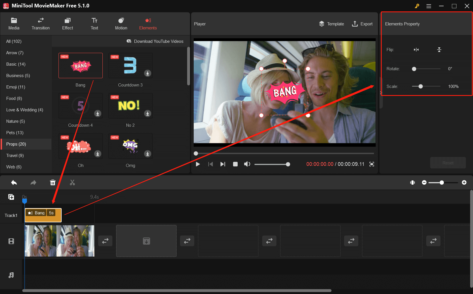 MiniTool MovieMaker UI showing how to add prop element to a video and where to edit the element.