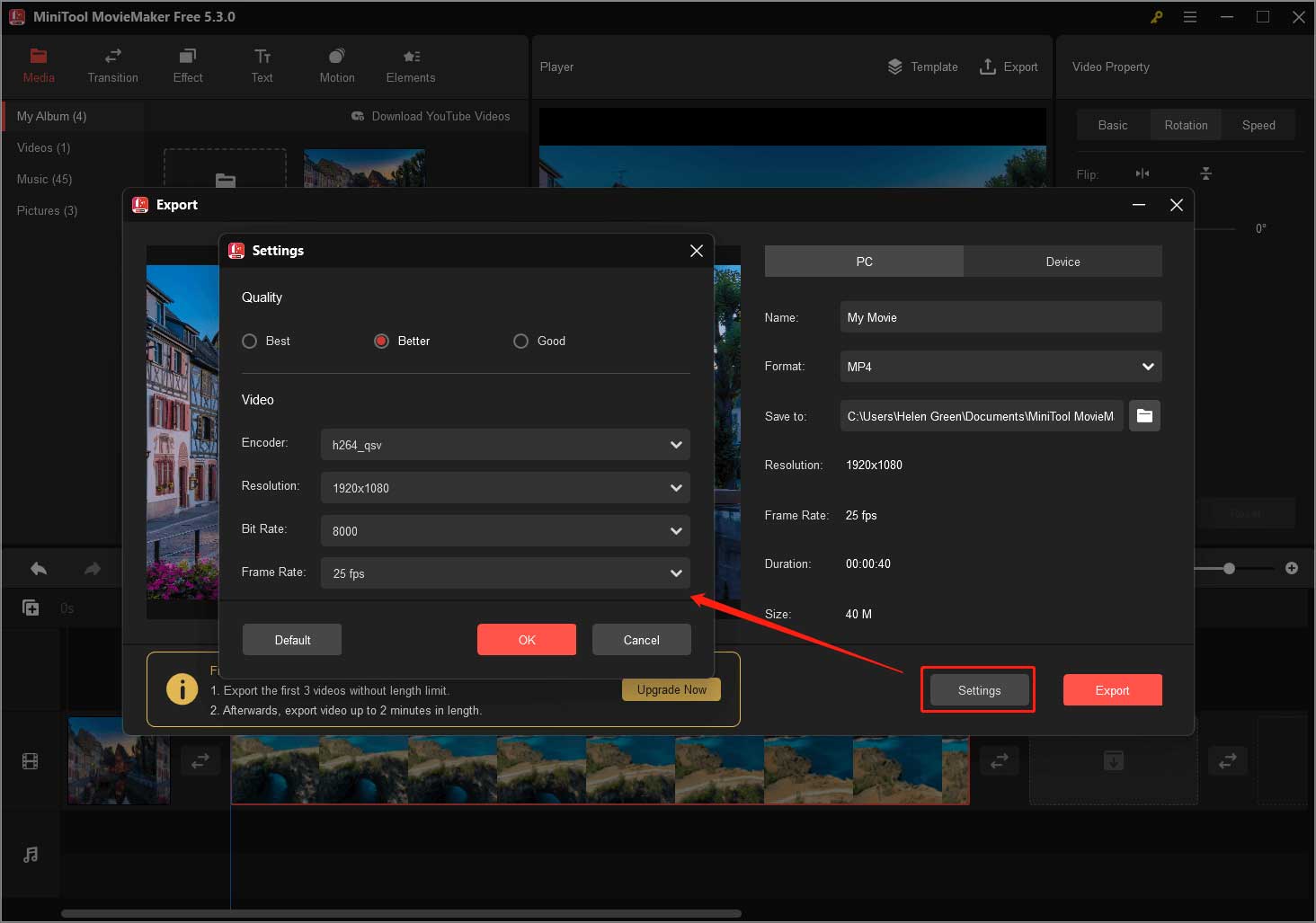 MiniTool MovieMaker UI showing how to change video parameters before exporting.