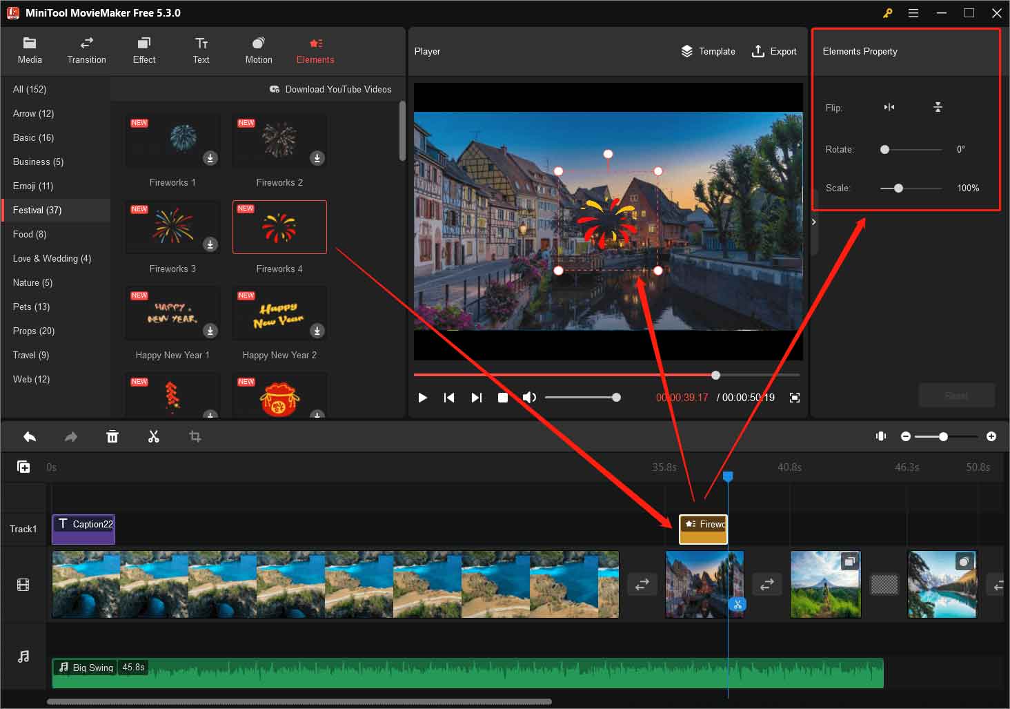MiniTool MovieMaker UI showing how to add a fireworks festival element to a video and where to edit the element.