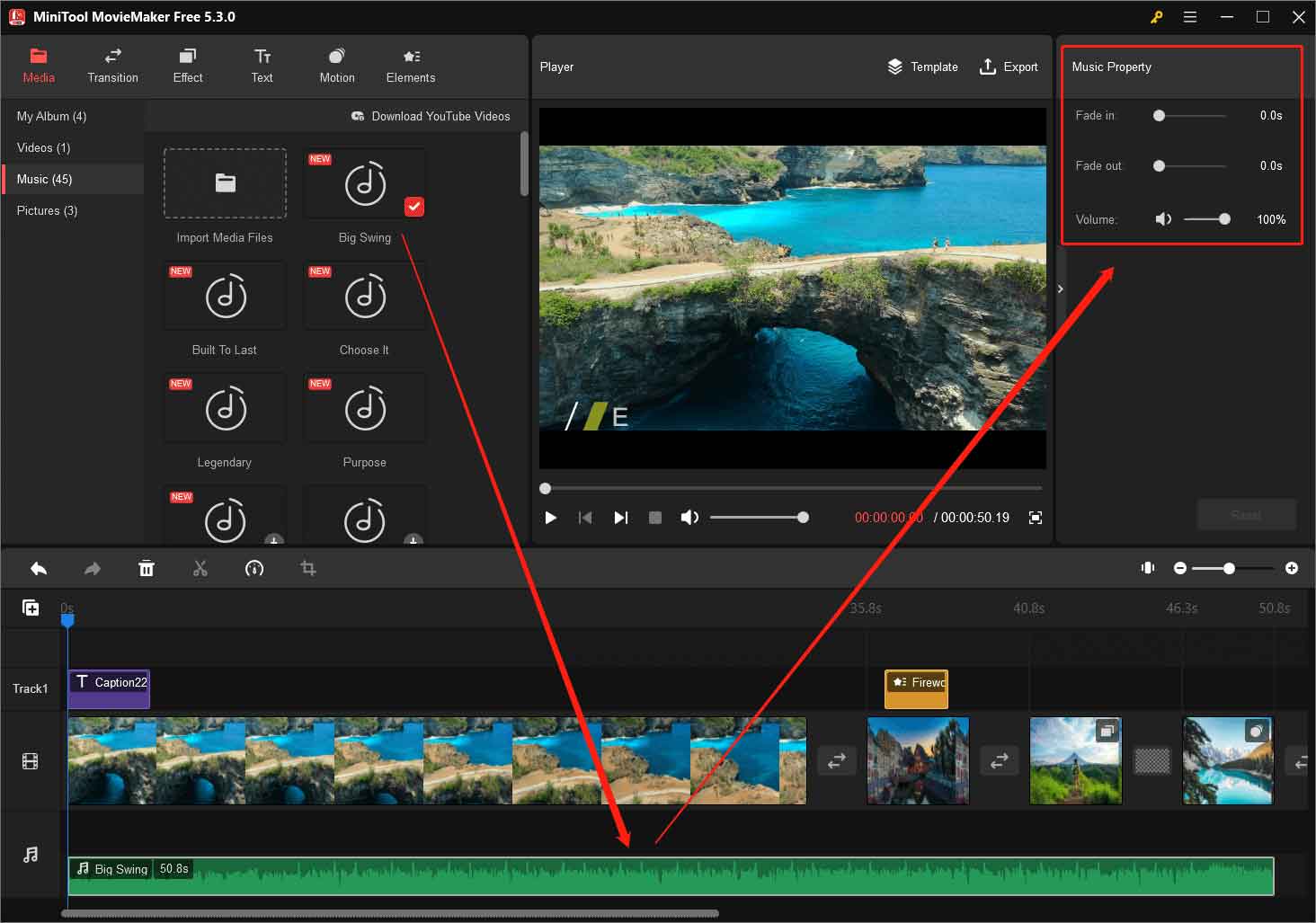 MiniTool MovieMaker UI showing how to add a new music to a video and where to edit the music.