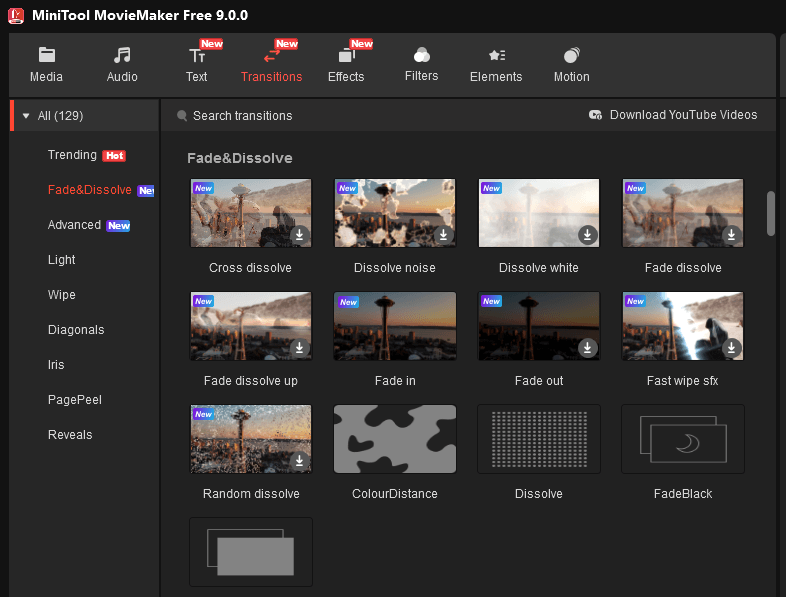 The expanded Fade & Dissolve transitions in MiniTool MovieMaker 9.0.