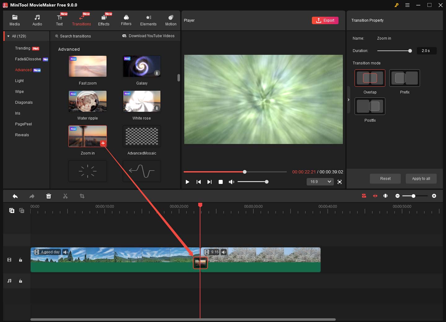 MiniTool MovieMaker 9.0 interface showing how to add a transition to the timeline.