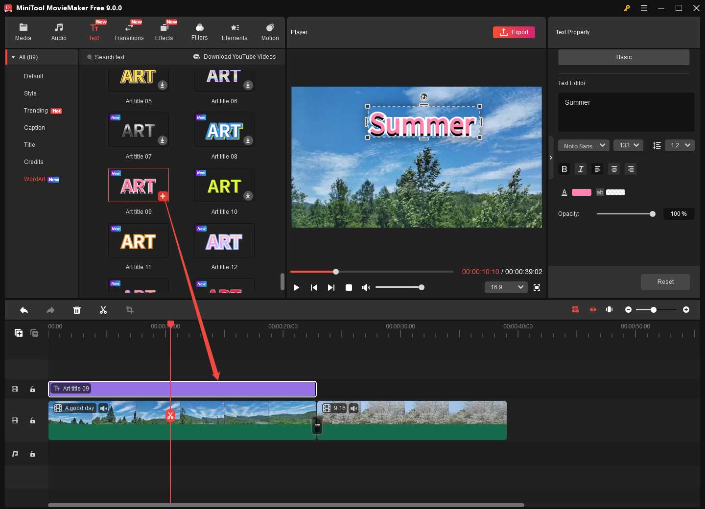 MiniTool MovieMaker 9.0 interface showing how to add a WordArt text preset to the timeline.