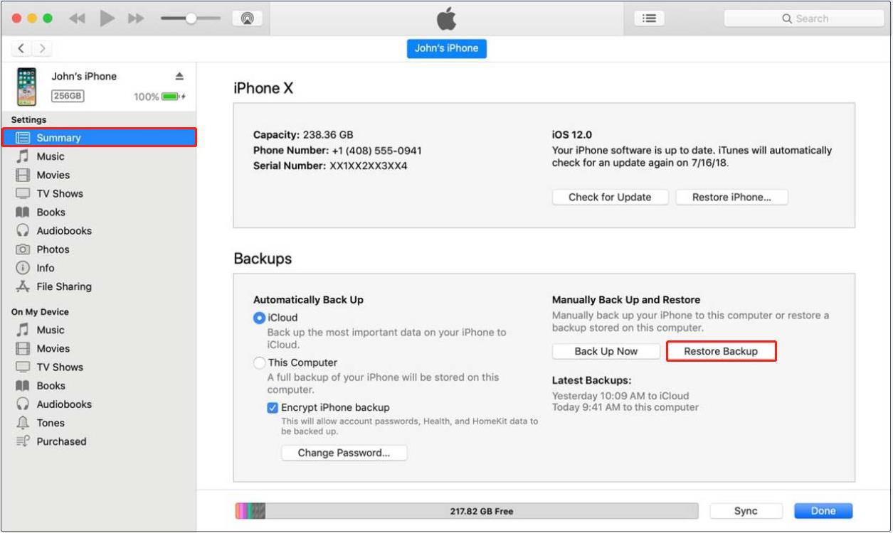 Finder interface shows the iPhone device and iTunes backup.
