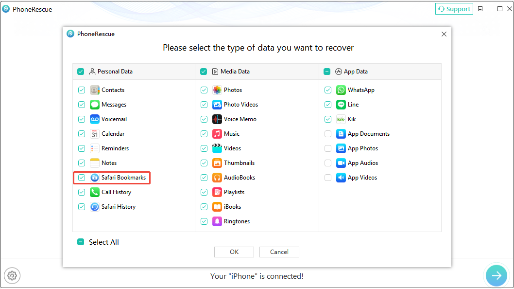 PhoneRescue for iOS interface shows the Safari Bookmarks category and other data categories.