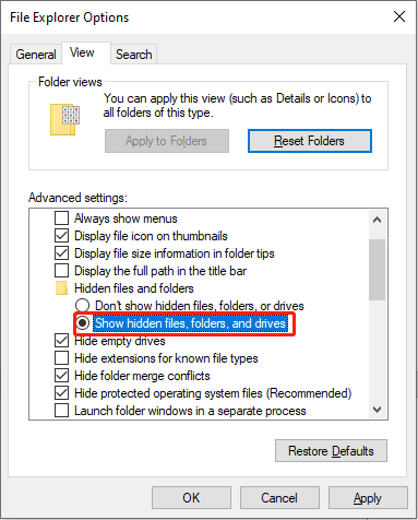 show hidden files with File Explorer Options