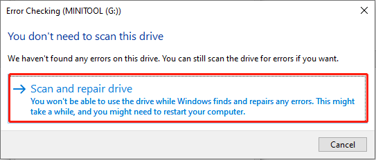 select Scan and repair drive