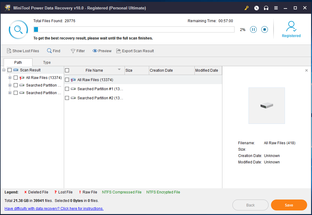 software está digitalizando a partição selecionada