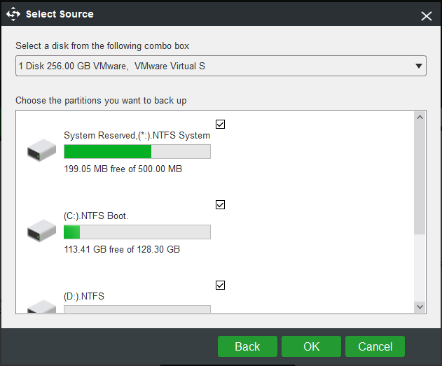 choose all system disk partitions to back up