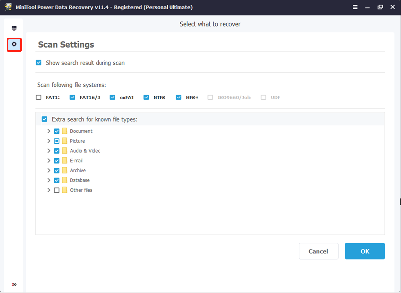 click the icon to set up file types and file systems