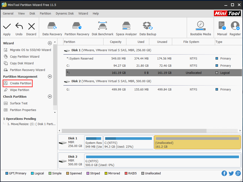 resize partition to get an unallocated space