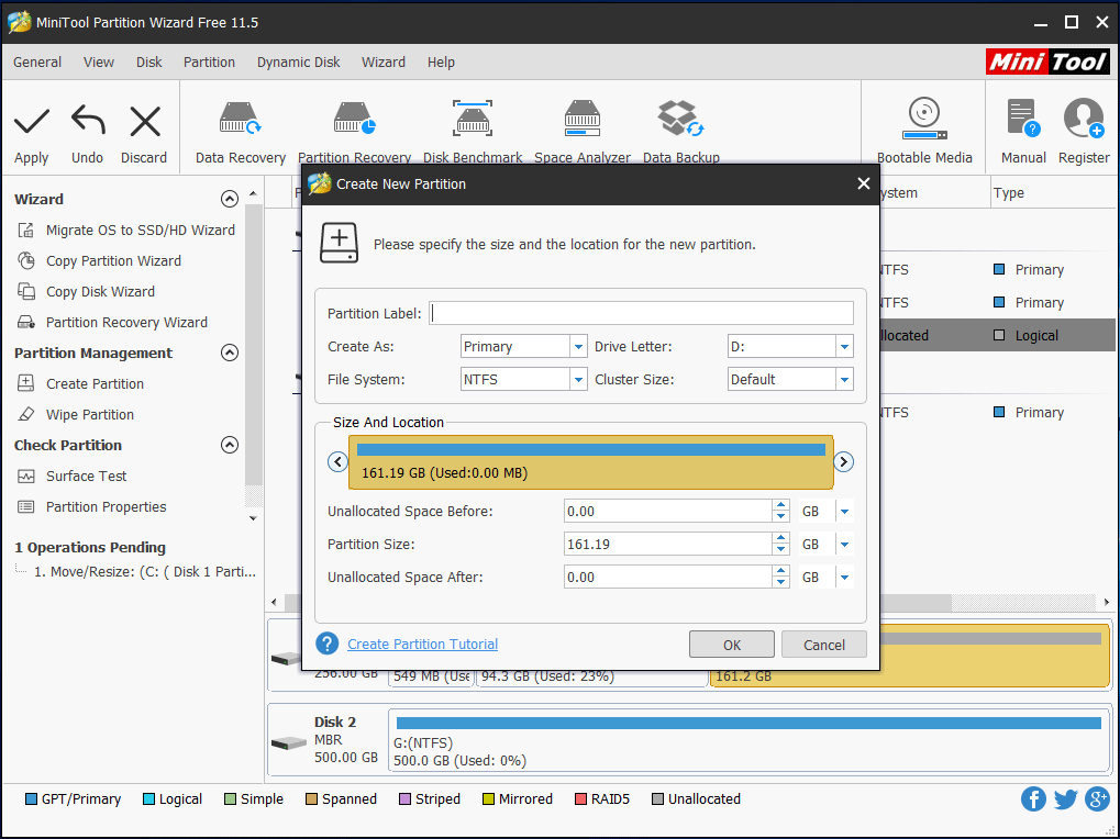 create a partition with an unallocated space