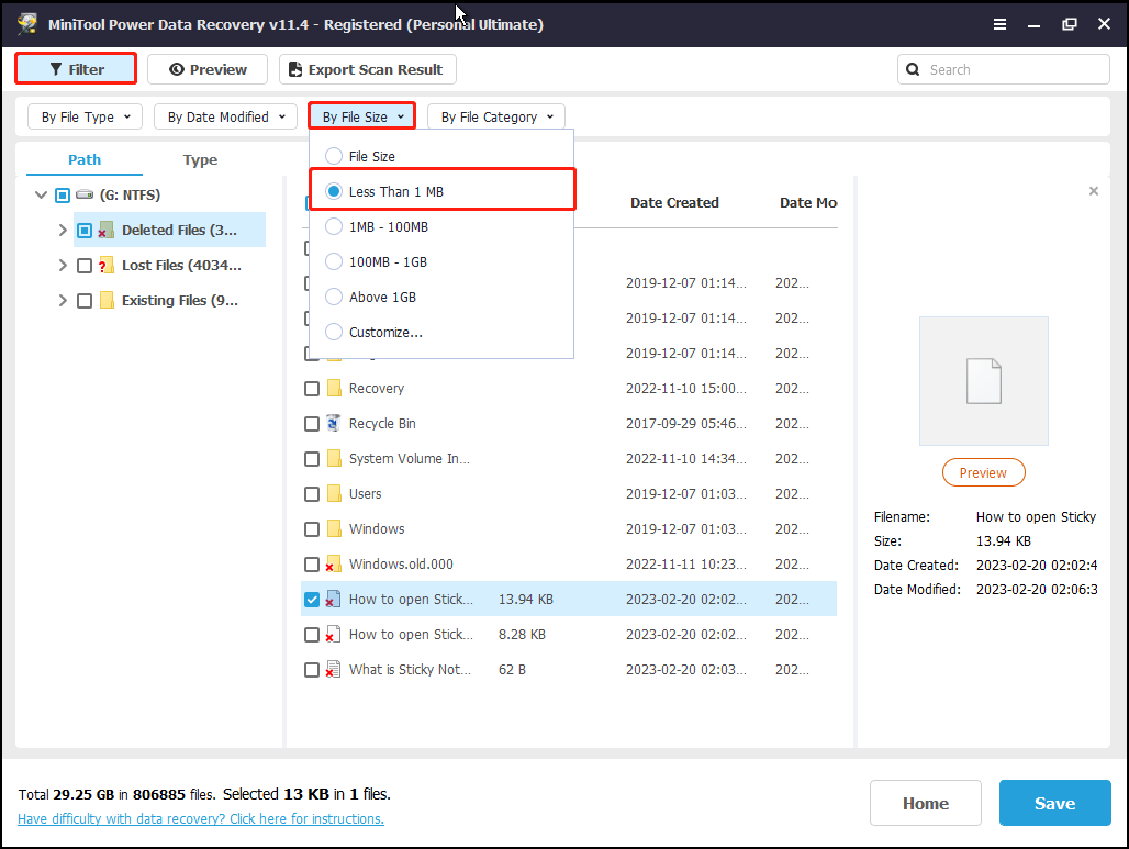 filter needed files by file size