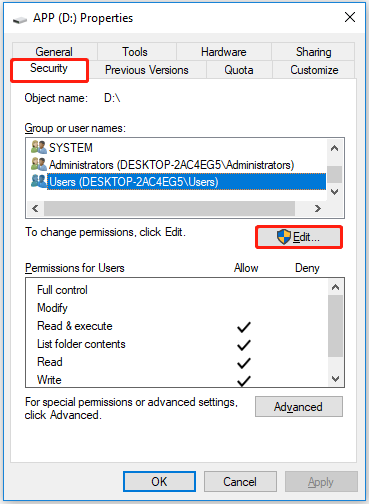 select the button to edit folder permission