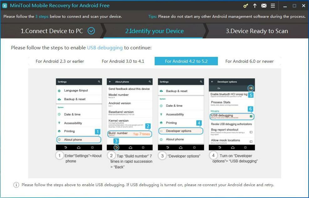 different Android versions of enabling debugging