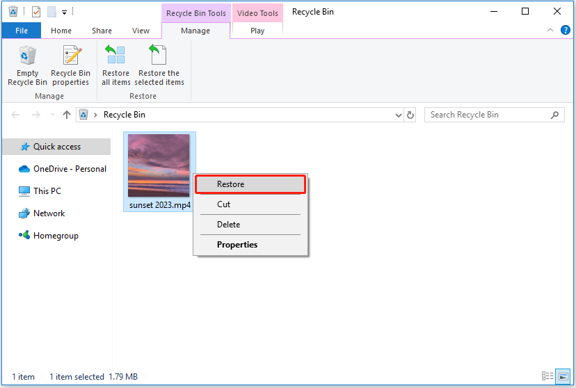 restore the video files from the Recycle Bin