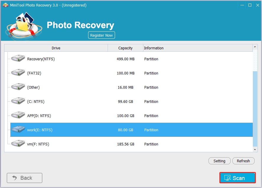 scan the selected partition