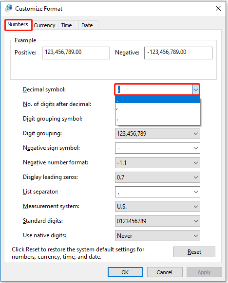 set the value of the decimal symbol as a dot