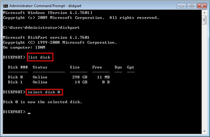 type list disk and press enter