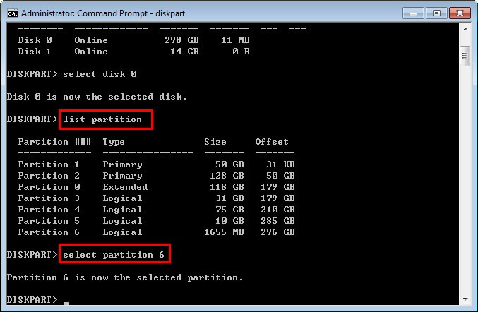 type list partition and select the target partition