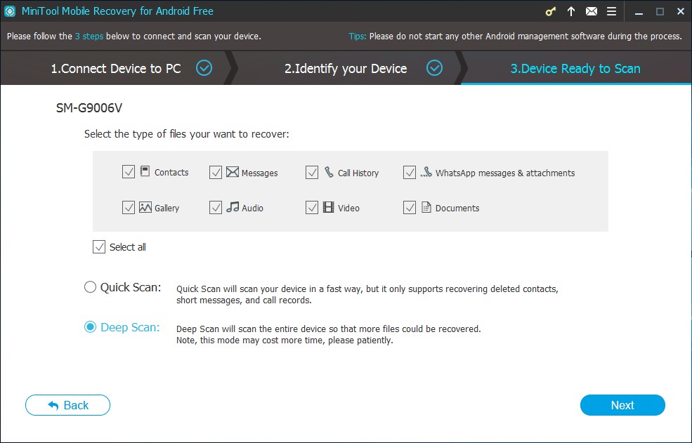 recover lost files from android internal memory ready to scan interface