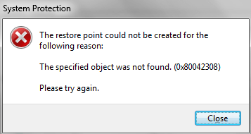 restore point cannot be created
