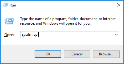 type sysdm.cpl in the popup window
