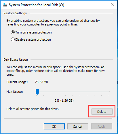 select the Turn on system protection and click Delete to continue