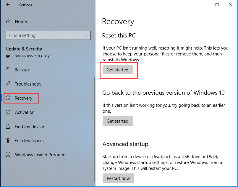 select Recovery and click Get started to continue