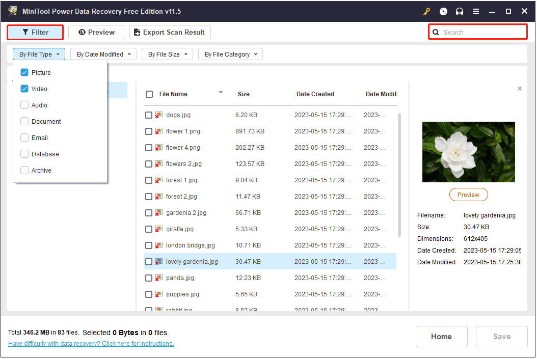 filter and search for files