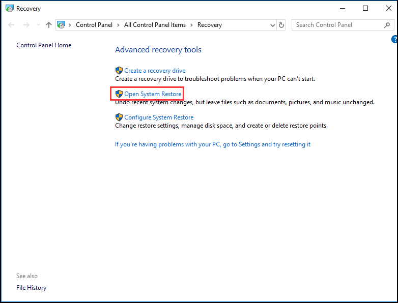choose Open System Restore to continue