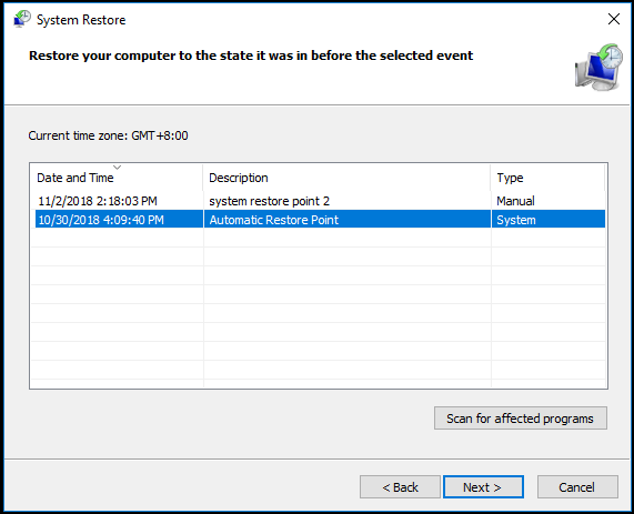 choose a system restore point and click Next to continue