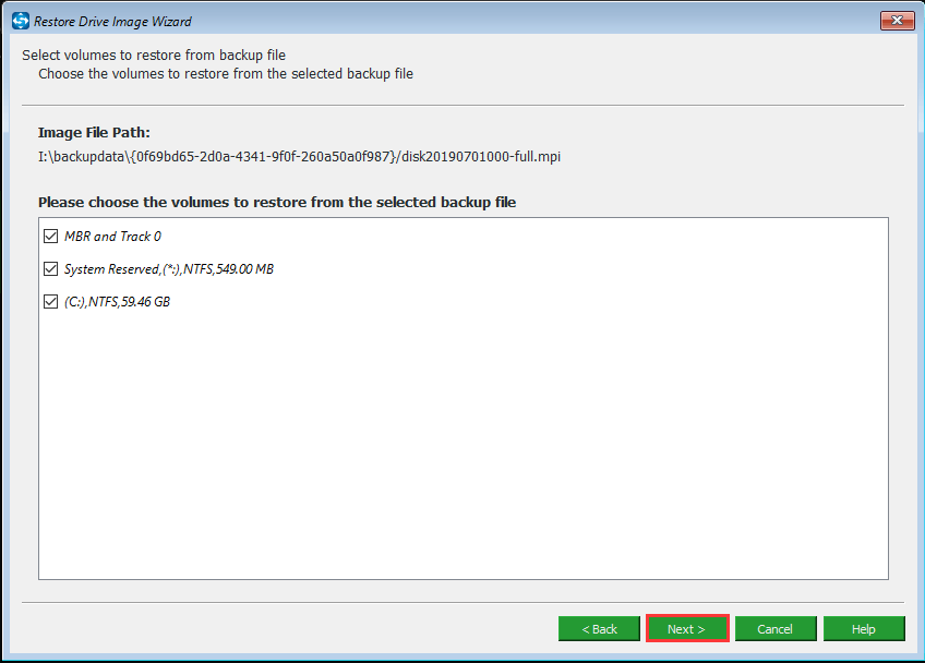 check all partitions and click Next to continue