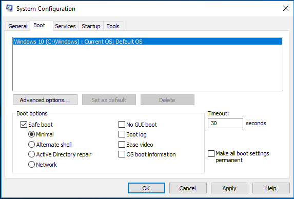 tick the Safe boot and click OK to continue