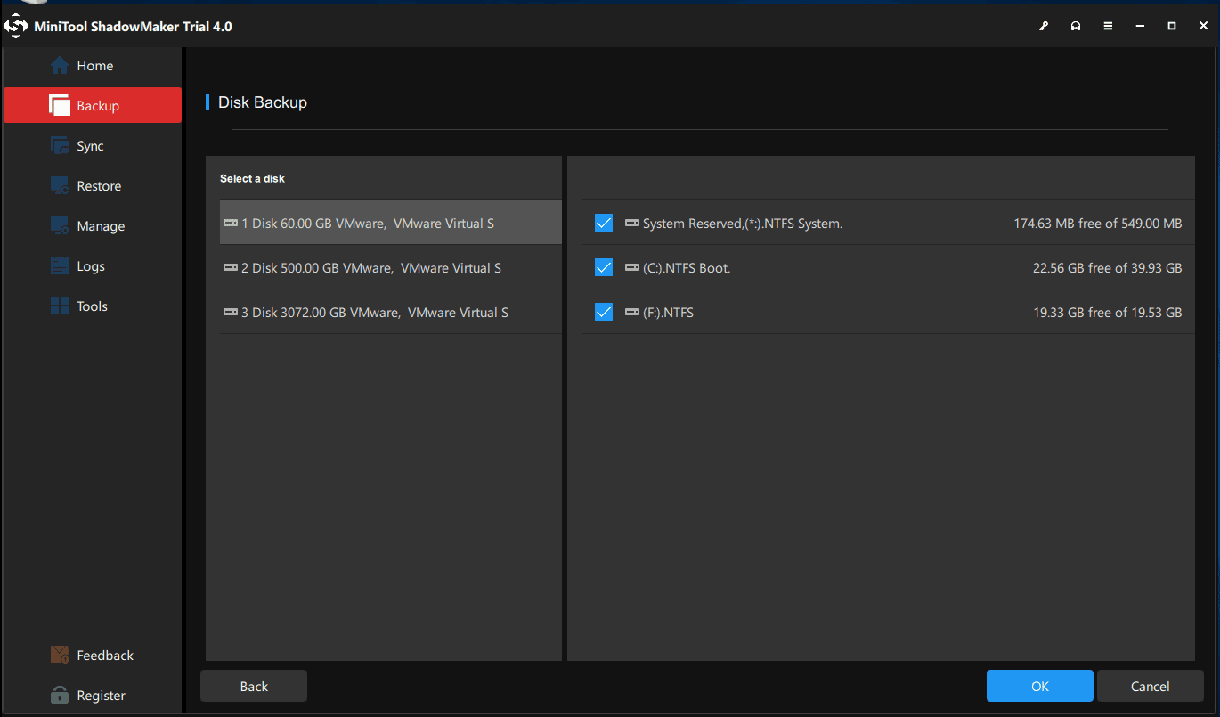 choose disk partitions to back up