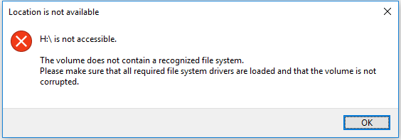 The volume does not contain a recognized file system