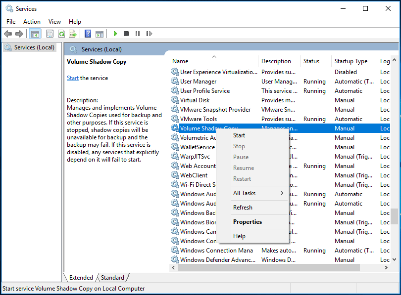 select Volume Shadow Copy and make sure it is running