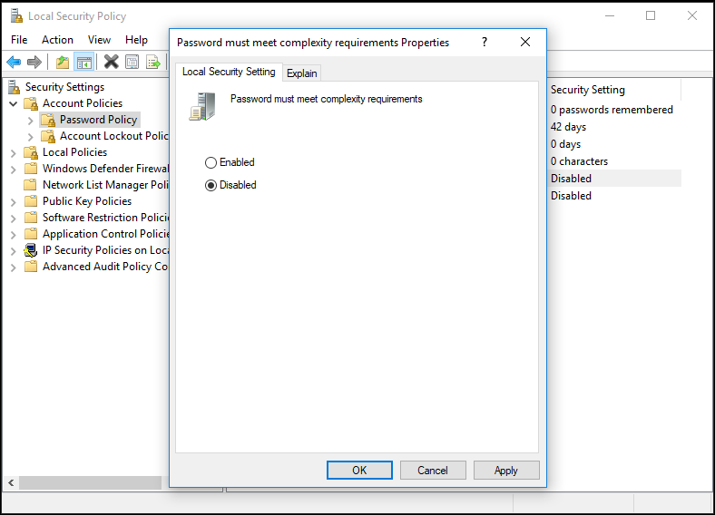 disable password must complexity requirements