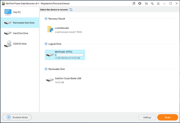 choose removable disk drive recovery module and the target USB drive to scan