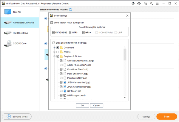 use settings function to choose the file types you want to recover