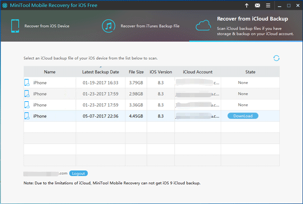 choose the target iCloud backup file to download