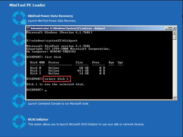 type select disk 1 and press enter