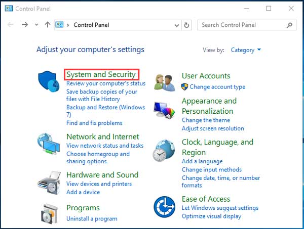 choose system and security option from control panel