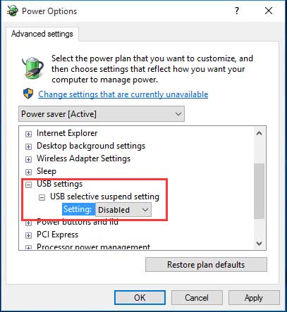 set usb selective suspend setting disabled