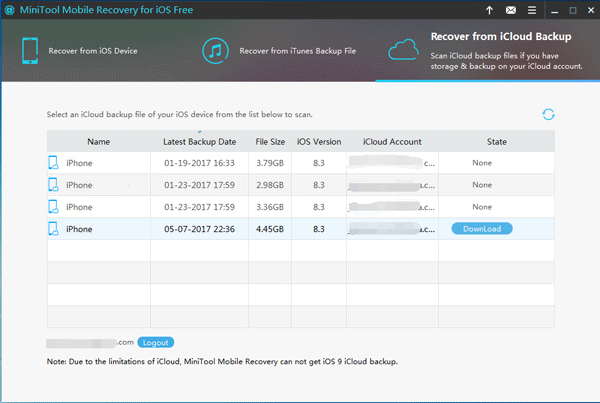 choose the target iCloud backup to download